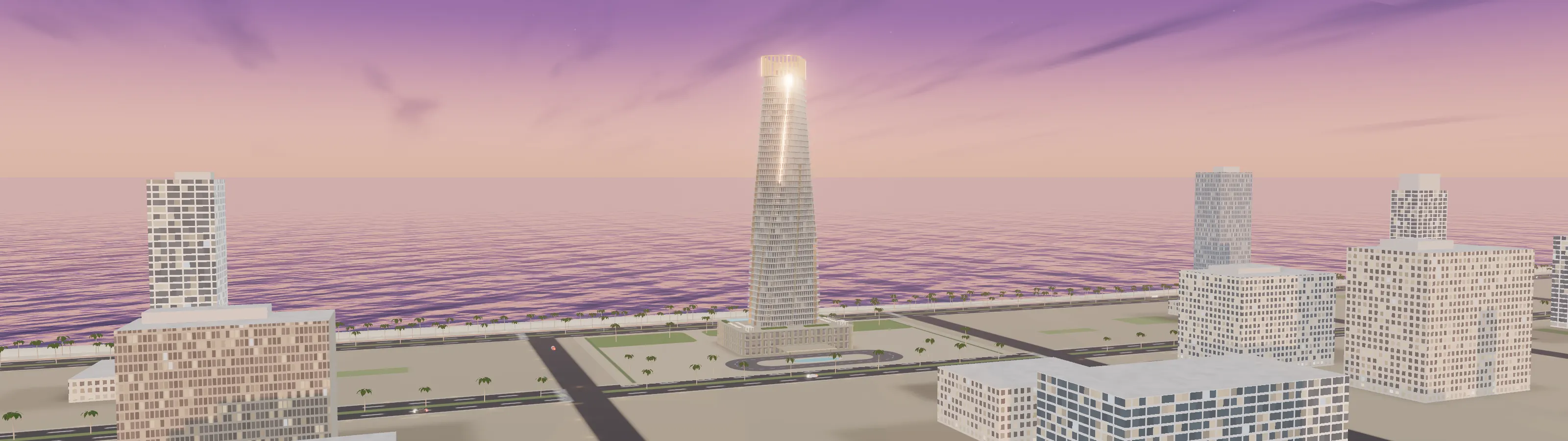 The Oriel tower at dawn, rendered live in the browser, with the Gulf behind it